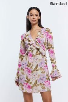 River Island Cream V-Neck Floral Tea Mini Dress (798468) | $86