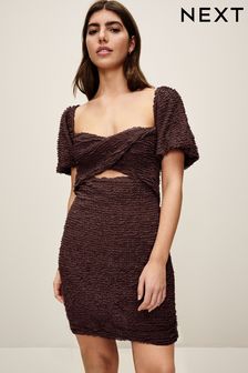 Brown Textured Puff Sleeve Mini Dress (798853) | LEI 310