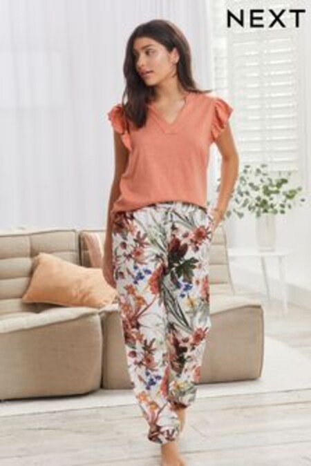 Coral Pink Floral Cotton Pyjamas (7BJ139) | $42