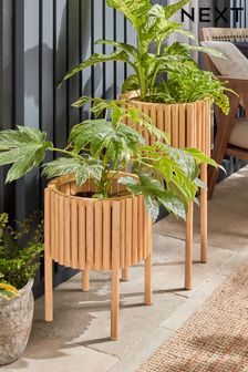 Set of 2 Wood Slatted Rubberwood Planter