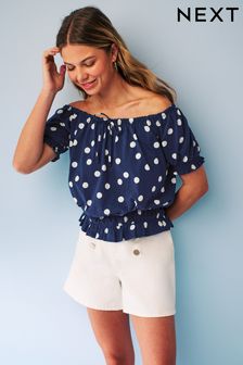 Navy Blue Spot 100% Cotton Bardot Short Puff Sleeve Top (7HU733) | 46 zł