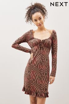 Tan Brown Geo Long Sleeve Ruffle Hem Mini Dress (7LG446) | 18 €