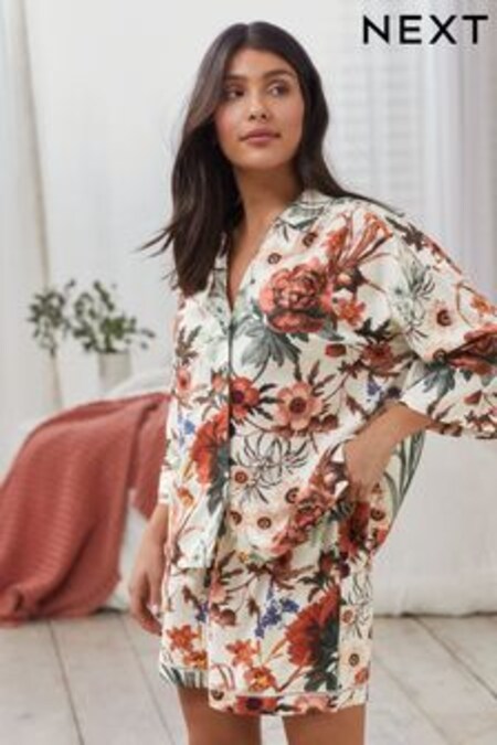 Cream Floral Linen Blend Button Through Short Set Pyjamas (7QC543) | $58