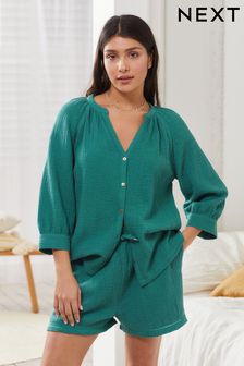 Blau - Kurzer Pyjama aus Baumwolle in Crinkle-Optik (7QG215) | 33 €