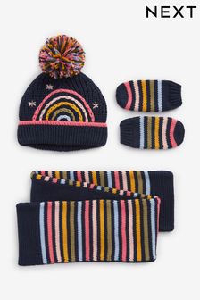 Navy Stripe Pom Hat, Mitts And Scarf 3 Piece Set (3mths-6yrs) (800807) | 627 UAH - 667 UAH