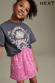 Pink Grey Flower T-Shirts And Pink Sequin Skirt Set (3-16yrs) (800927) | HK$201 - HK$253