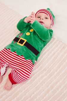 Green Christmas Velour Baby Sleepsuit (0mths-2yrs) (801412) | kr250 - kr290