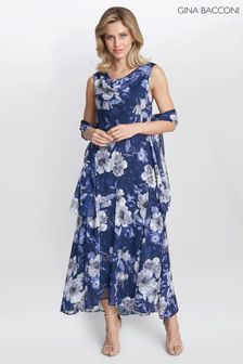 Gina Bacconi Blue Dahlia Midi Length Sleeveless Printed Dress And Shawl (801968) | $560
