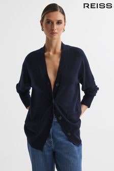 Reiss Navy Carly Wool Blend Button-Through Cardigan (803044) | $226