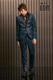 Navy Blue EDIT Slim Snake Print Velvet Tuxedo Trousers (805410) | 116 SAR