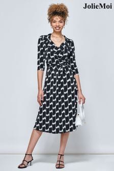 Jolie Moi Black Wrap Tie Side Raegan Jersey Dress (805432) | OMR36