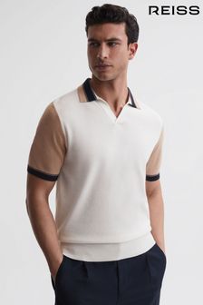 Reiss Ecru/Camel Kingsford Open Collar Striped T-Shirt (806468) | $173