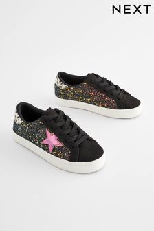 Black Glitter Standard Fit (F) Star Lace-Up Trainers (807522) | AED71 - AED94