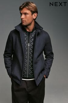 Navy Blue Mock Gilet Herringbone Padded Jacket with Wool (807723) | ￥16,100