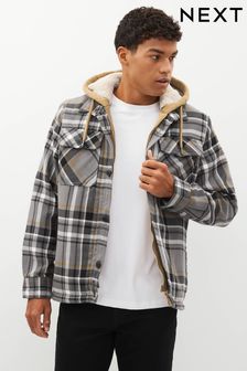 Grey - Borg Lined Check Shacket With Hood (807876) | DKK725