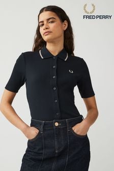 Mornarsko modra - Fred Perry Womens Button Through Ribbed Polo Shirt (809646) | €112