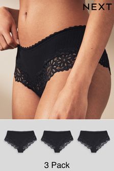 Black Hipster Lace Top Rib Knickers 3 Pack (809958) | $32