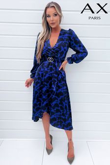 AX Paris Blue Cobalt And Black Print Long Sleeve Belted Wrap Midi Dress (810460) | kr920