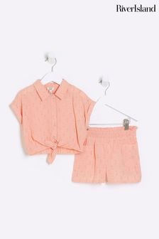 River Island Pink Mini Girls Linen Tie Front Set (813157) | kr400