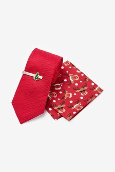 Tie Rudolph Pocket Square and Tie Clip Set