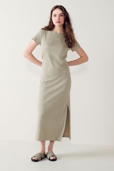 Stone Grey Ribbed T-Shirt Style Column Maxi Dress With Slit Detail (814107) | OMR7