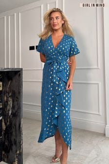 Girl In Mind Blue Metallic Foil Spot Petite Farren Wrap Maxi Dress (814452) | AED266