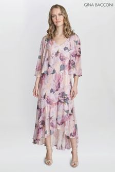 Gina Bacconi Pink Nadia Midi Length Chiffon Printed Dress And Jacket (815105) | OMR129