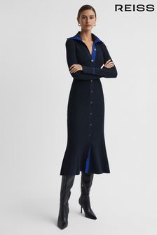 Reiss Navy/Blue Millie Knitted Ribbed Midi Dress (815301) | SGD 546
