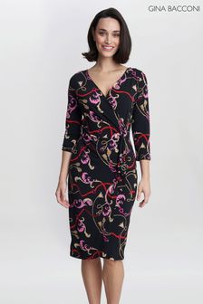 Gina Bacconi Alexandra Printed Jersey Ruffle Black Dress (815311) | €141