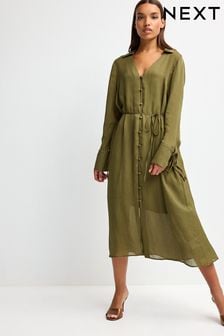 Зеленый хаки - Платье миди с завязками на рукавах и поясом (816048) | €25