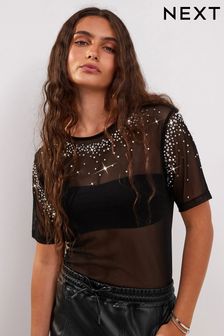 Black Embellished Sparkle Mesh T-Shirt (817031) | 90 zł