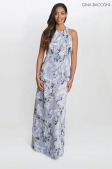 Gina Bacconi Esty Long Printed Black Maxi Dress With Beaded Halter Neckline and Tulip Overlay Bodice (818430) | €146
