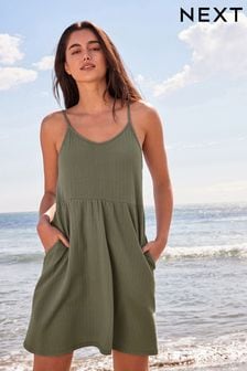 Khaki Green Cotton Seersucker Short V-Neck Cami Summer Dress (818475) | €18