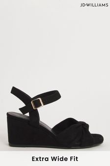 JD Williams Microsuede Knotted Vamp Wedge Black Sandals In Extra Wide Fit (818477) | LEI 239