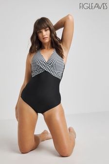Figleaves Gingham Tailor Twist Underwired Halter Tummy Control Black Swimsuit (819450) | $89