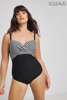 Figleaves Gingham Tailor Twist Underwired Bandeau Tummy Control Black Swimsuit