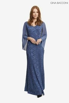 Gina Bacconi Blue Liesel Long Sequin Lace V-Neck Gown With Chiffon Capelet (819789) | $478