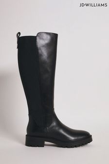 JD Williams Leather High Leg Black Boots With Back Elastic Detail (822849) | €122