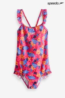Speedo Mädchen Badeanzug mit schmalen Rüschenträgern und digitalem Muster, Rosa (823077) | 23 €