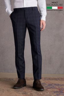 Navy Blue Slim Signature Italian Fabric Check Suit Trousers (823202) | 495 QAR