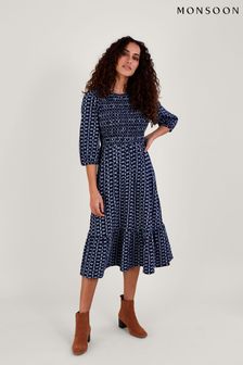 Monsoon Blue Geometric Print Tiered Shirred Jersey Dress (823612) | €54