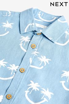 Aqua Blue Smiles Short Sleeve Blended Linen Printed Shirt (3-16yrs) (824170) | ￥2,080 - ￥2,950