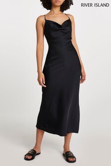 Robe mi-longue à col bénitier avec ornements River Island noire