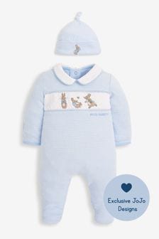 JoJo Maman Bébé Blue 2-Piece Peter Rabbit Smocked Baby Sleepsuit & Hat Set (8245M2) | SGD 50