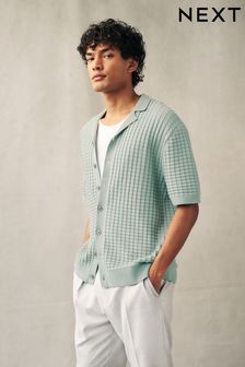 Knitted Textured Relaxed Fit Button Through Polo Shirt