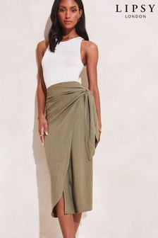 Lipsy Khaki Green Tie Waist Wrap Midi Skirt (826979) | CA$81
