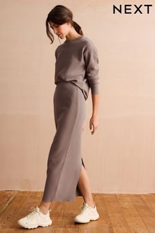 Neutral Taupe Textured Rib Slit Back Cosy Knit Midi Skirt (830726) | HK$255