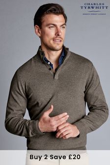 Charles Tyrwhitt Brown Mocha Merino/Cashmere Button Neck Jumper (830921) | €192