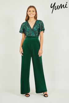 Yumi Green Sequin Embellished Velvet Jumpsuit With Angel Sleeves (831151) | $148