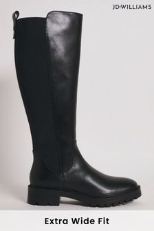 Jd Williams posebno široki usnjeni visoki škornji z elastičnim detajlom na hrbtu (834336) | €97